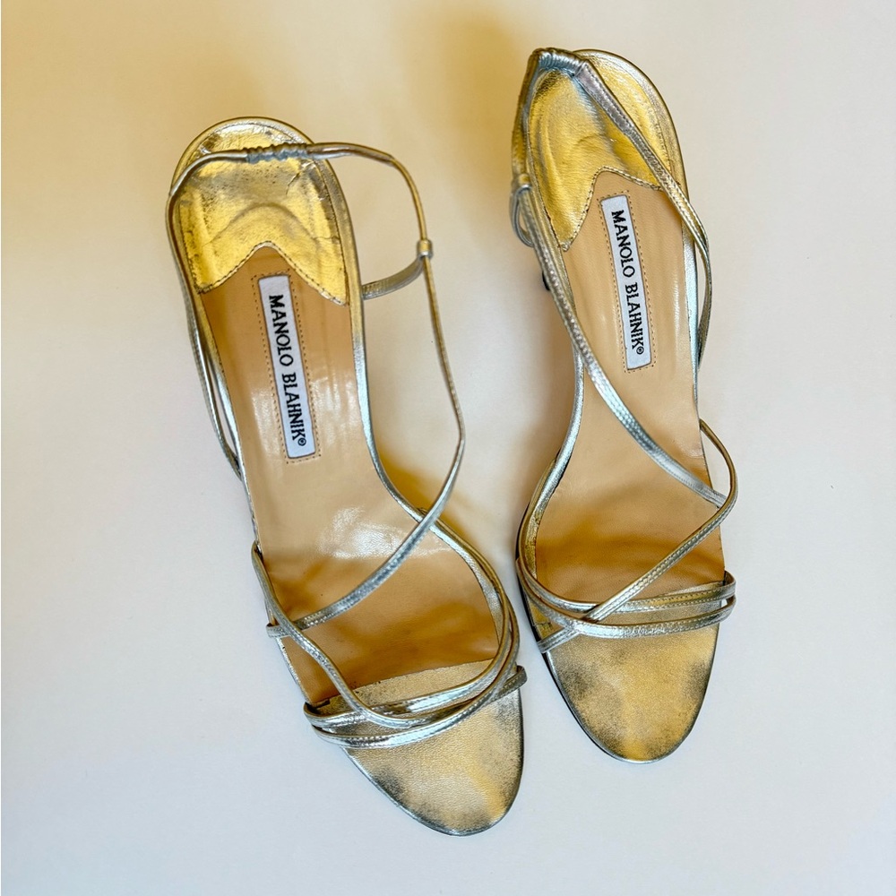 Manolo Blahnik Brimod silver strappy slingback heel. 3 1/4 inch heel.